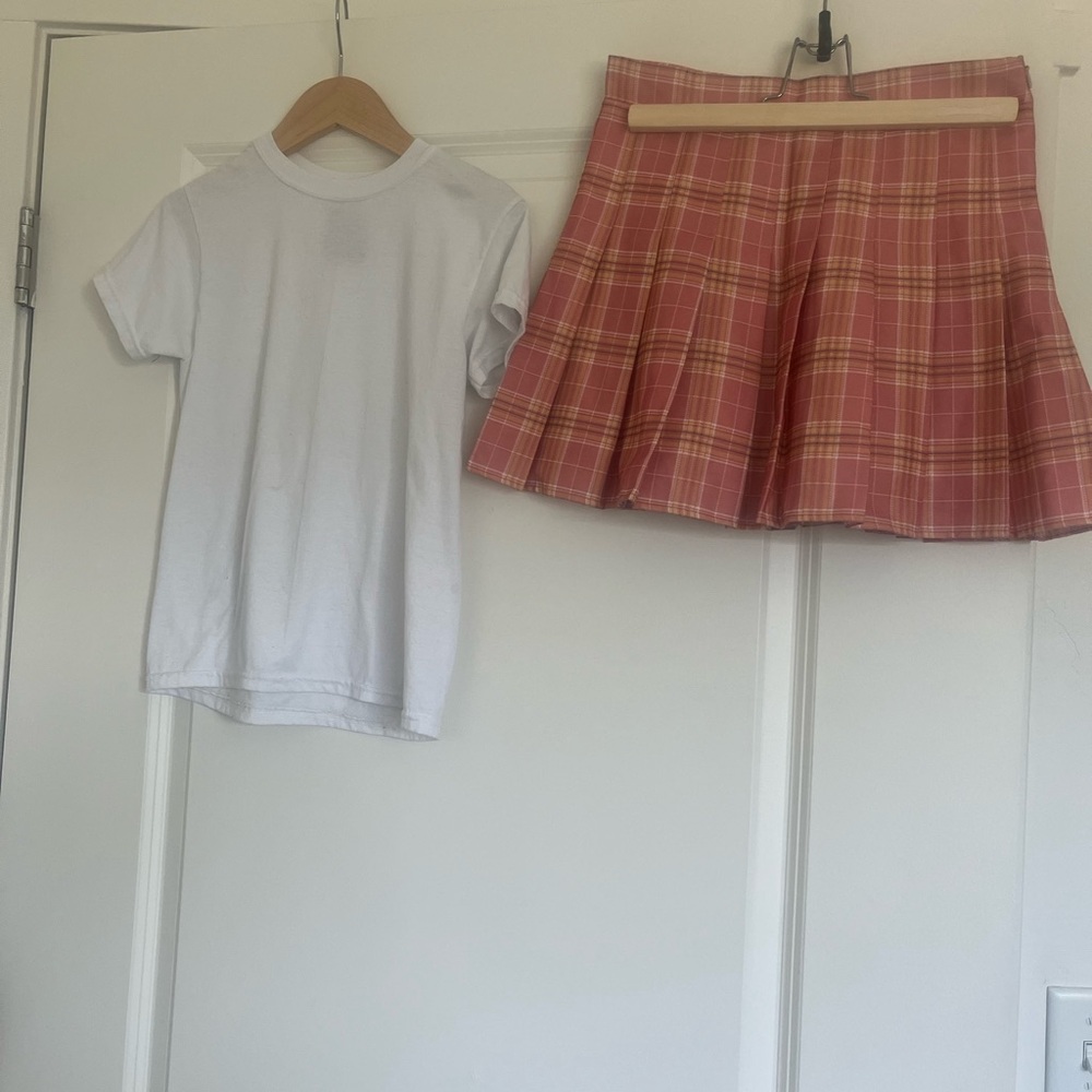 White Short Sleeved Tee & Pink Plaid Skirt